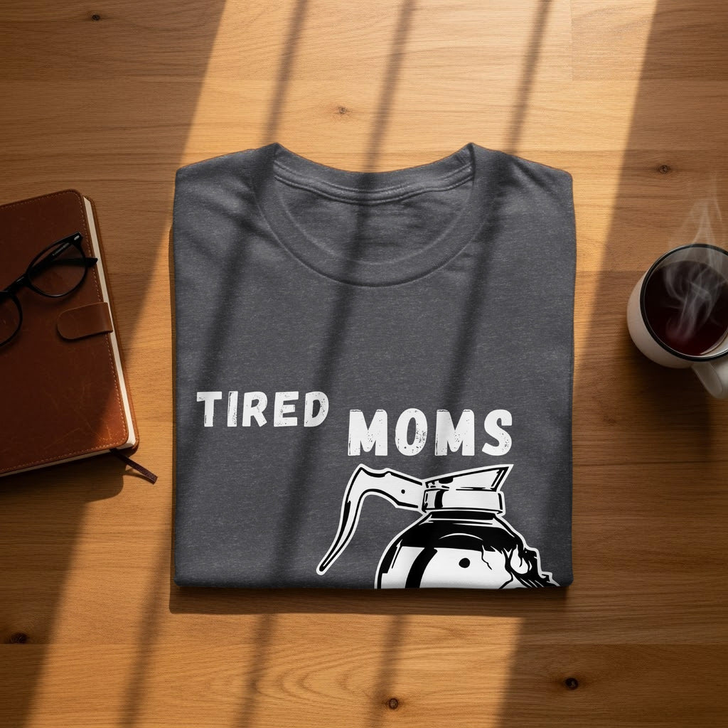 Dark gray t-shirt with white "TIRED MOMS" text and coffee pot graphic.