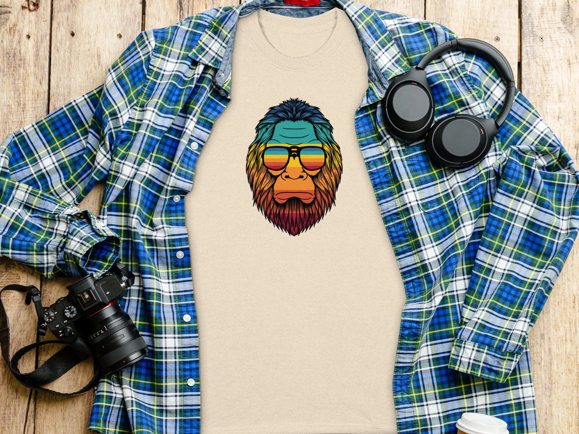 Beige t-shirt with a colorful ape graphic wearing sunglasses.