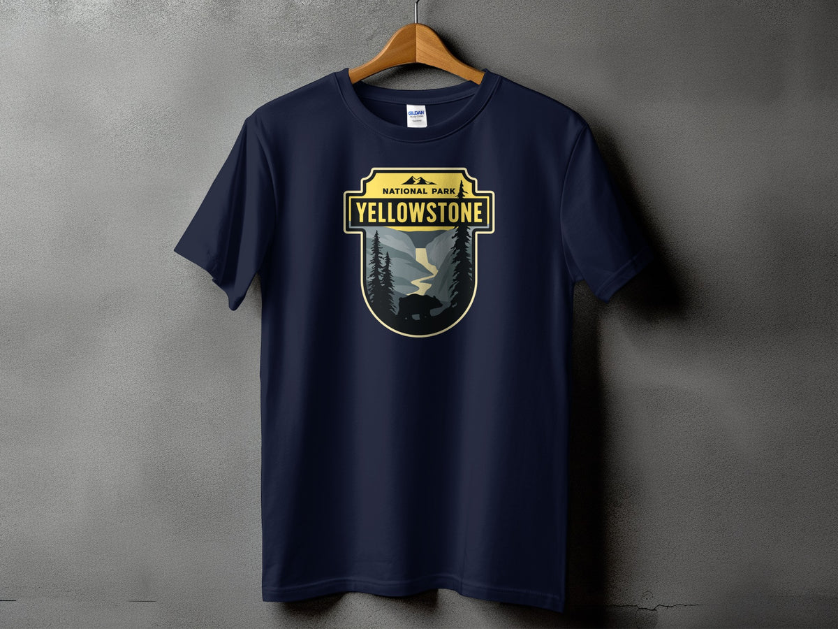 Navy t-shirt with a Yellowstone National Park graphic featuring a bear and trees.