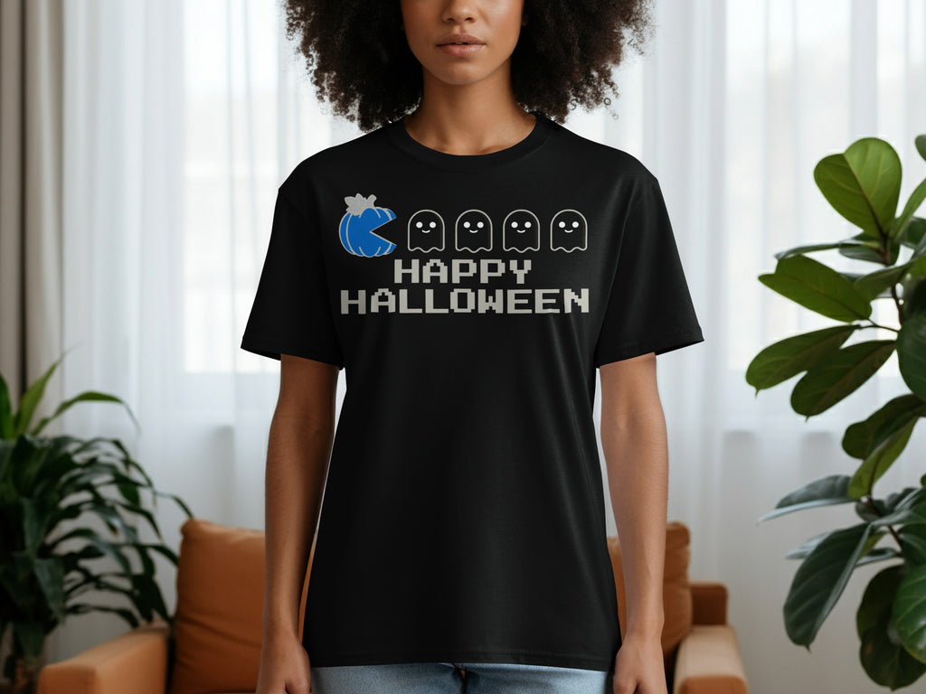 Black t-shirt with blue pumpkin, ghosts, and pixelated text "HAPPY HALLOWEEN".