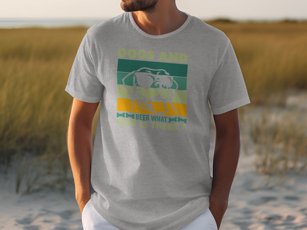 Grey t-shirt with graphics of a dog wearing sunglasses and text "Dogs and Beer What Else is There?"