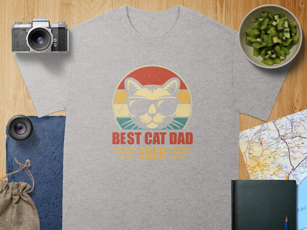 Grey t-shirt with "BEST CAT DAD EVER" text and a cat wearing sunglasses.