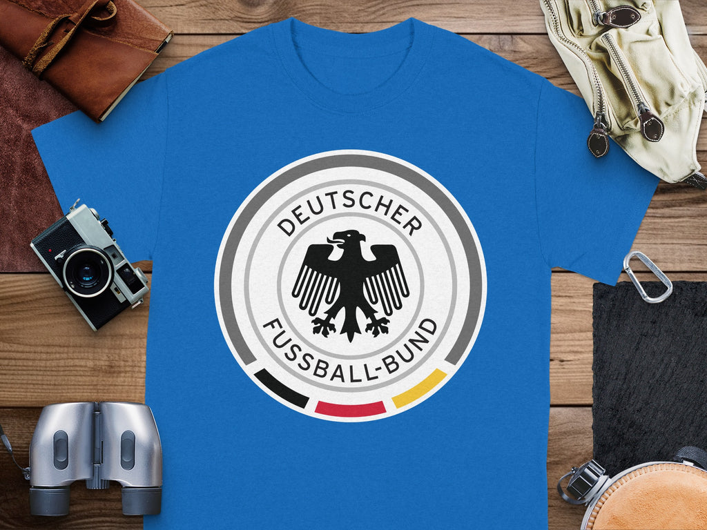 Blue t-shirt with Deutscher Fußball-Bund logo featuring a black eagle.