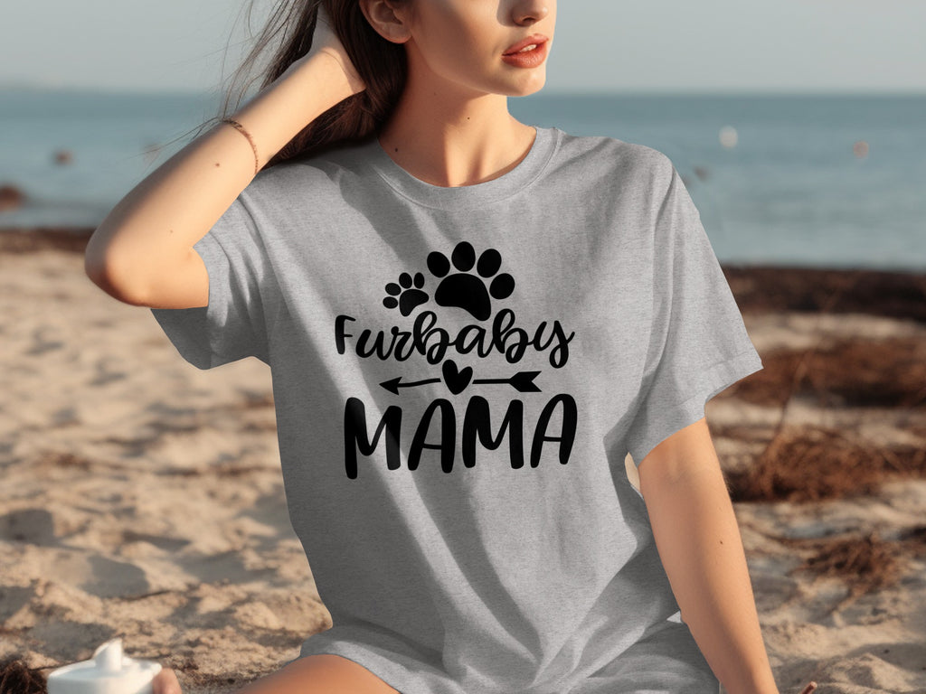 Grey t-shirt with black paw prints and text "Furbaby MAMA".