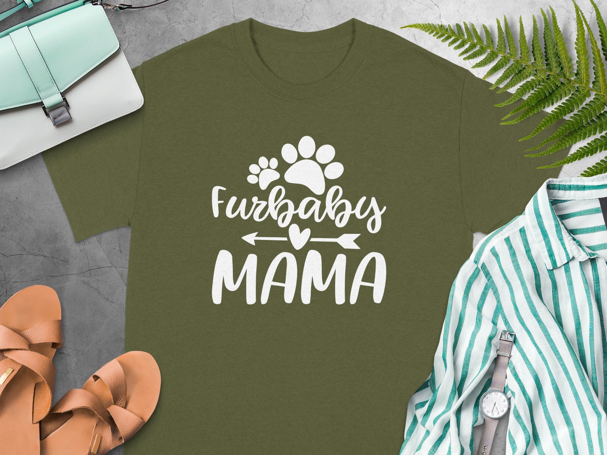 Olive green t-shirt with "Furbaby MAMA" and paw prints graphic.