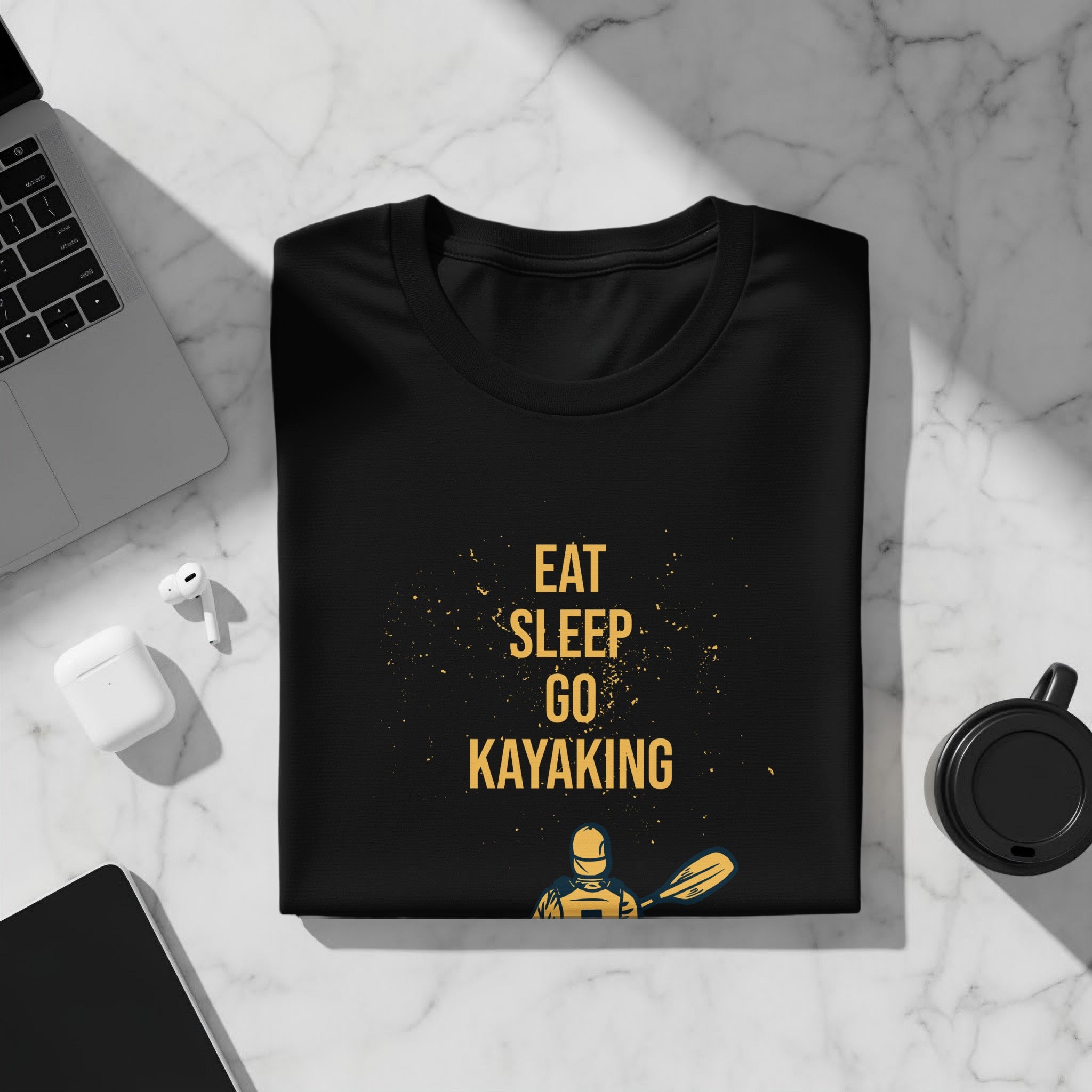 Black t-shirt with "Eat Sleep Go Kayaking" and kayak graphic.