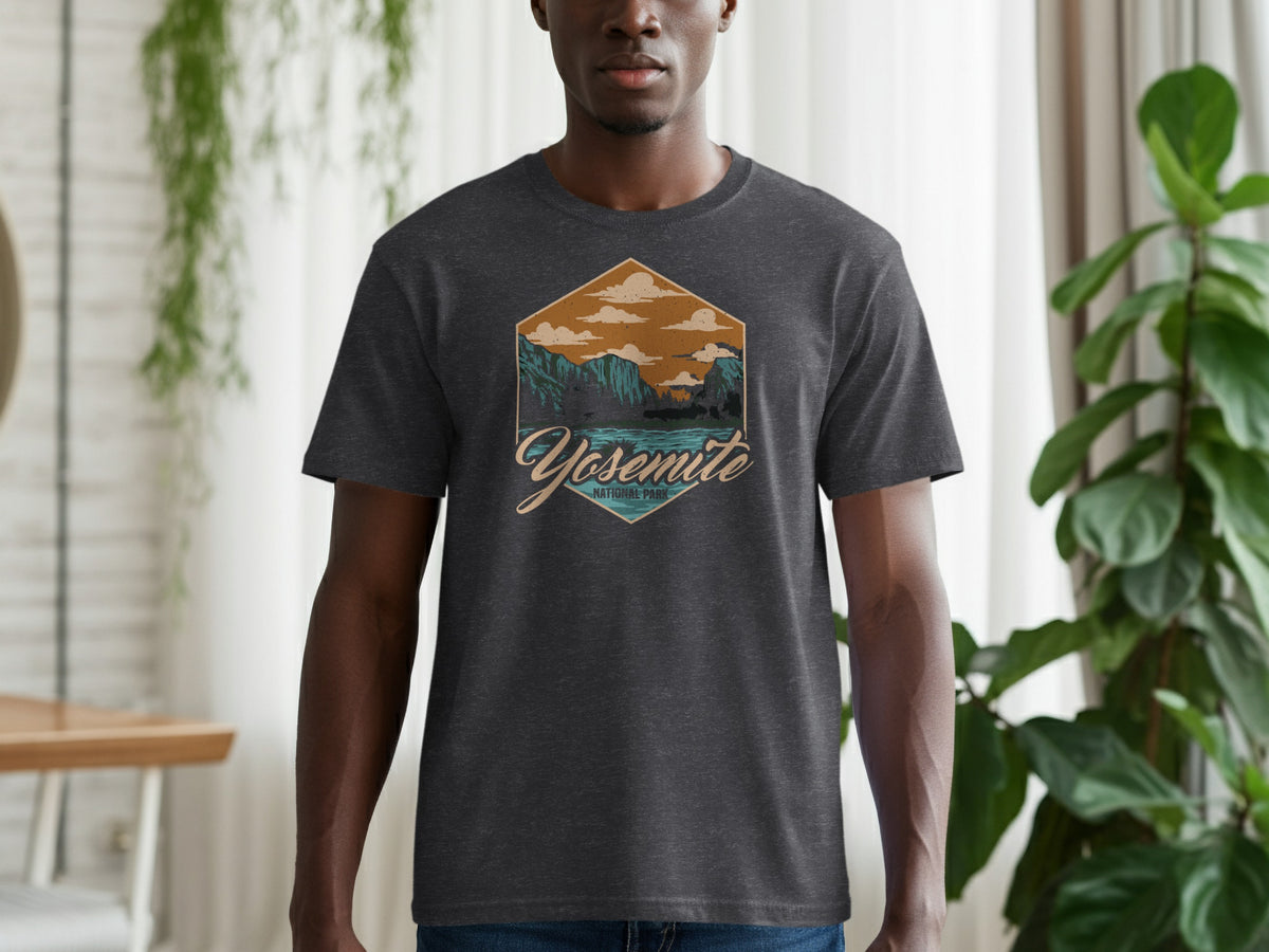 Dark gray t-shirt with a hexagonal graphic of Yosemite National Park mountains and water.