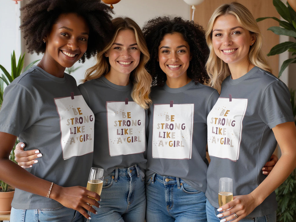 Four women in grey t-shirts with "Be Strong Like A Girl" text smile and hold champagne glasses.