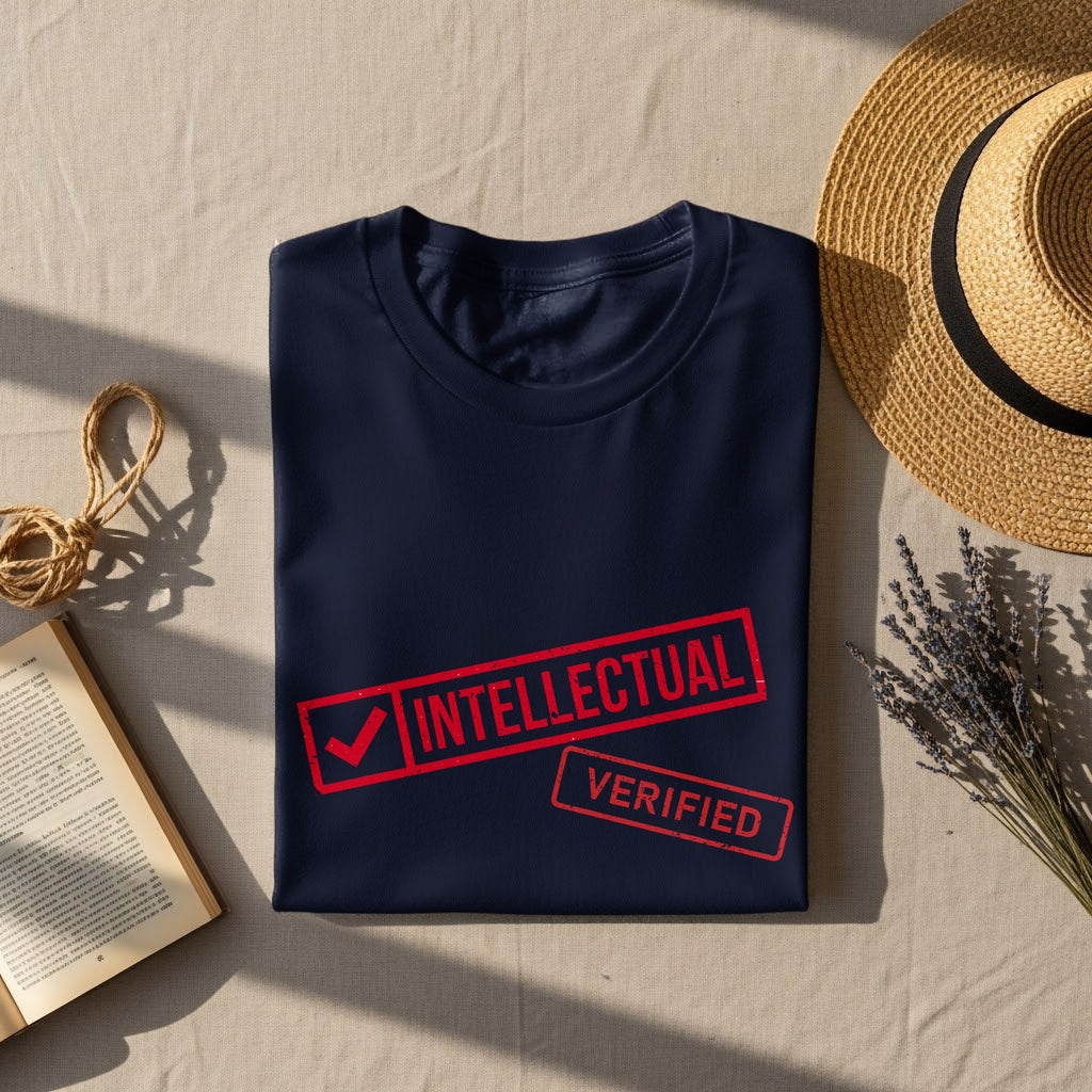 Navy t-shirt with red "Intellectual Verified" stamp.