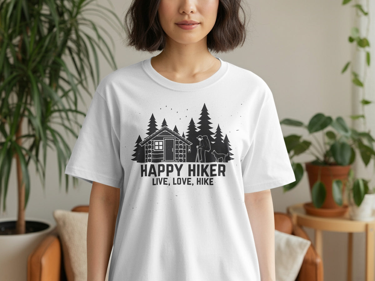 White t-shirt with black graphic of cabin, trees, hiker, dog, and text "HAPPY HIKER LIVE, LOVE, HIKE".