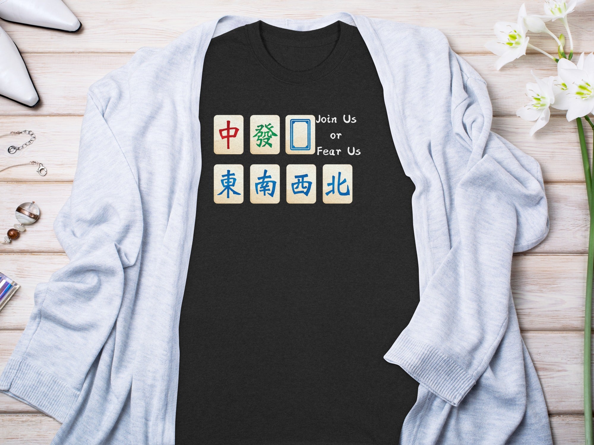 Black t-shirt with mahjong tiles and text "Join Us or Fear Us".