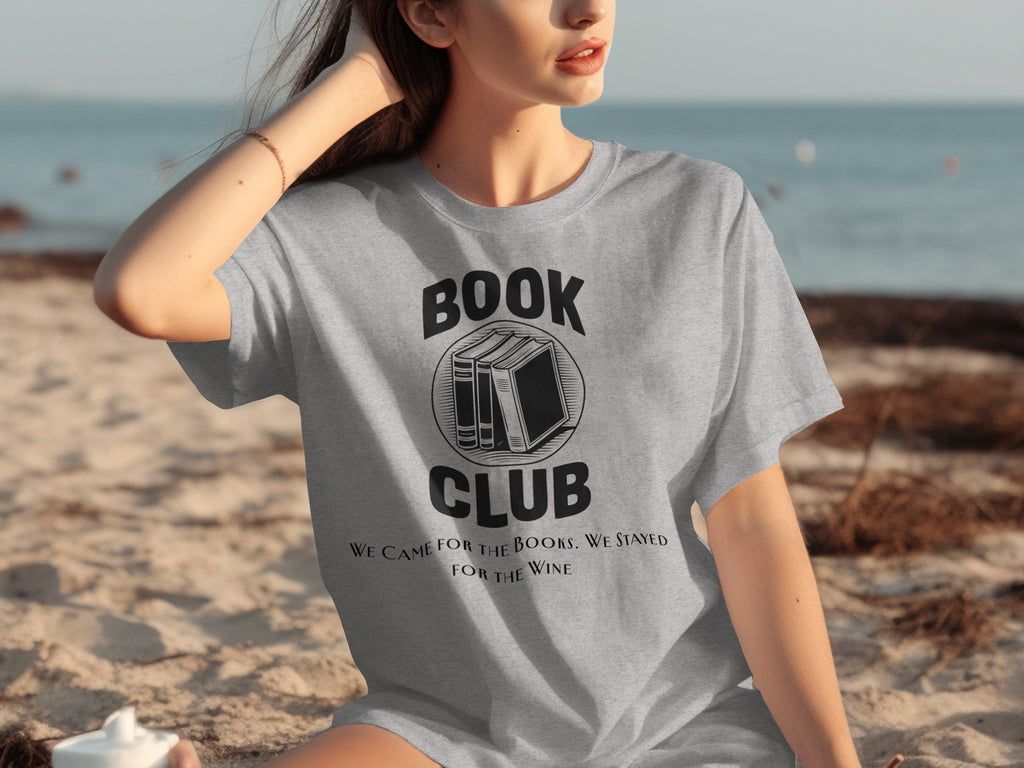 Grey t-shirt with "Book Club" text and books graphic.