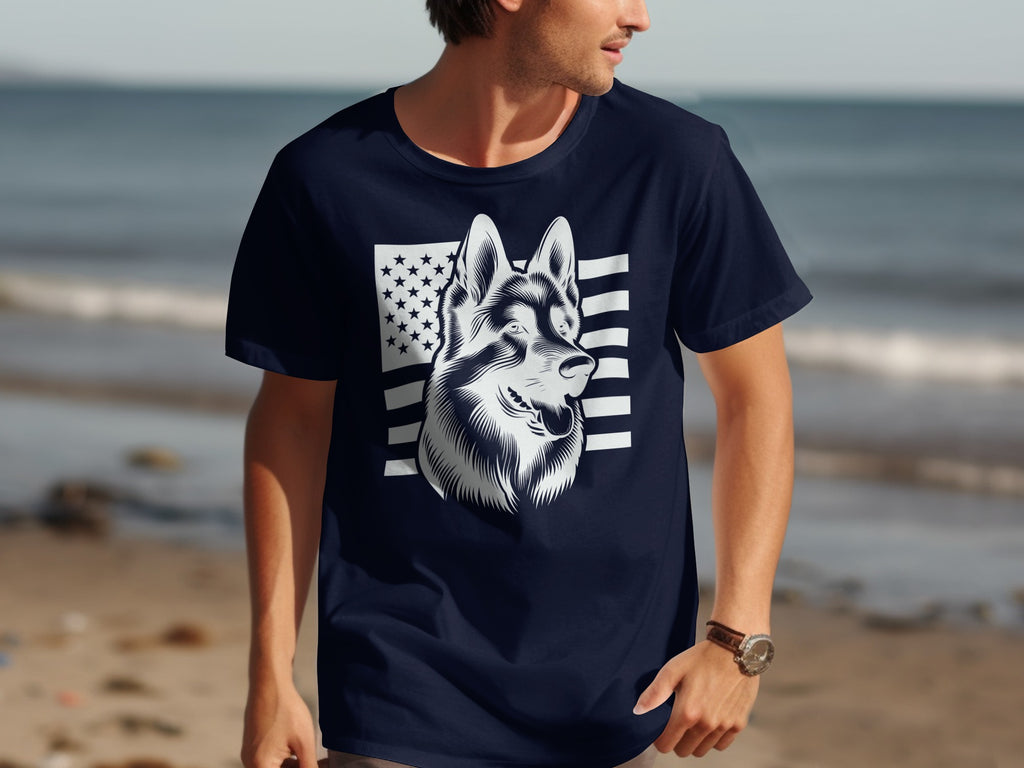 Navy t-shirt with a husky dog portrait superimposed on an American flag graphic.