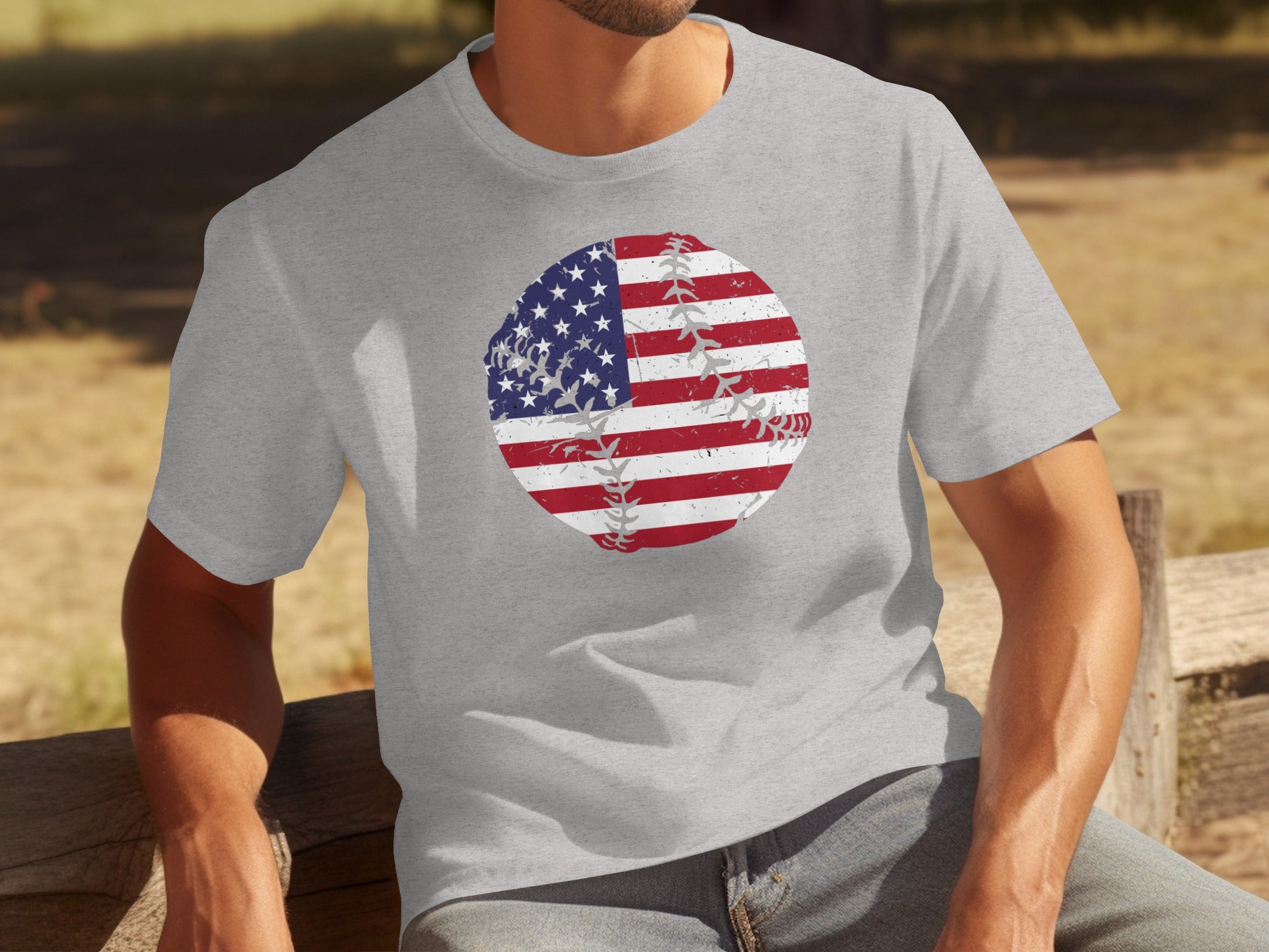 Grey t-shirt with distressed American flag baseball graphic on chest