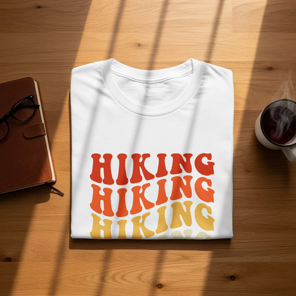 White t-shirt with repeating "HIKING" text in orange and yellow gradient