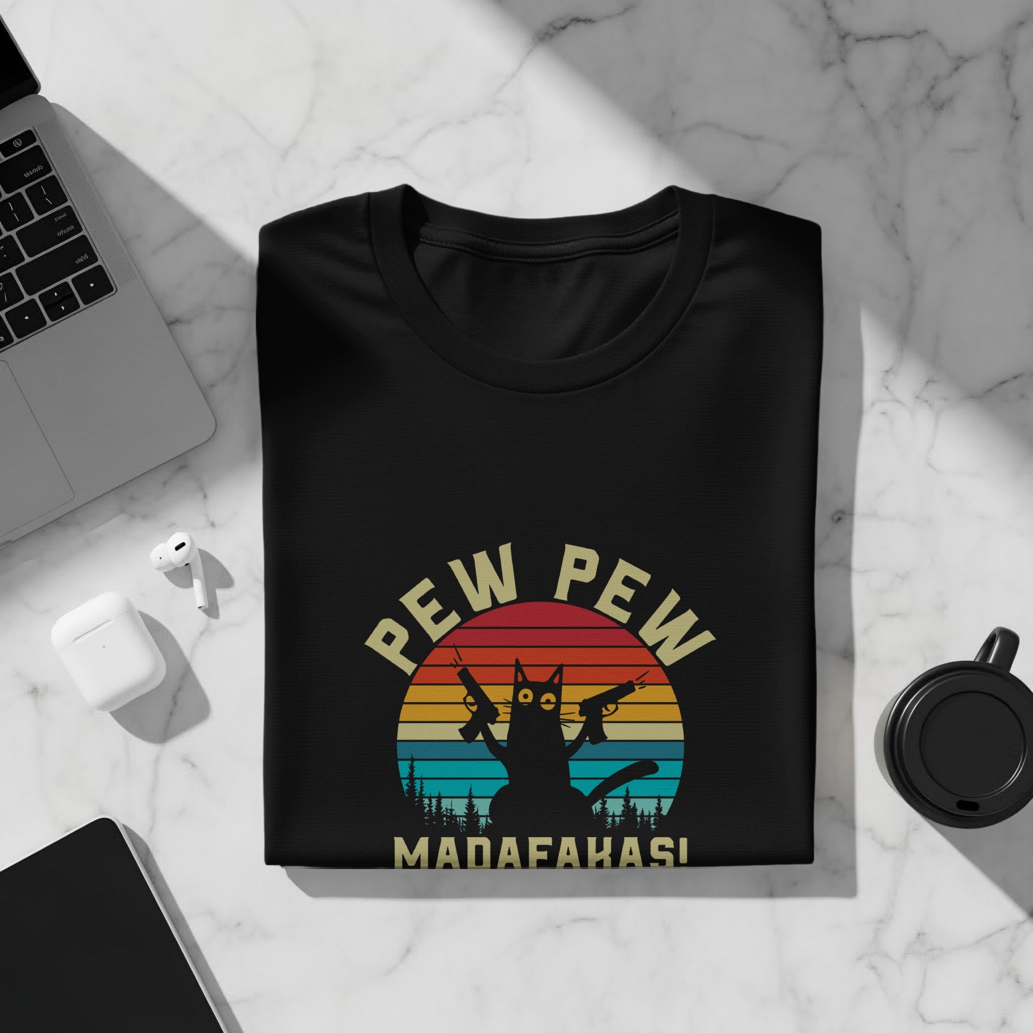 Black t-shirt with silhouette of cat holding guns and "PEW PEW MADAFAKAS!" text.
