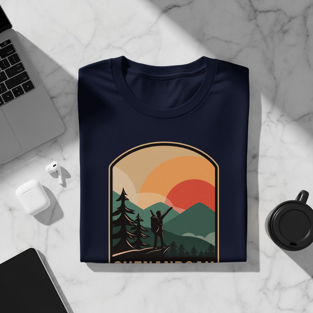 Dark navy t-shirt with a vintage mountain landscape graphic.