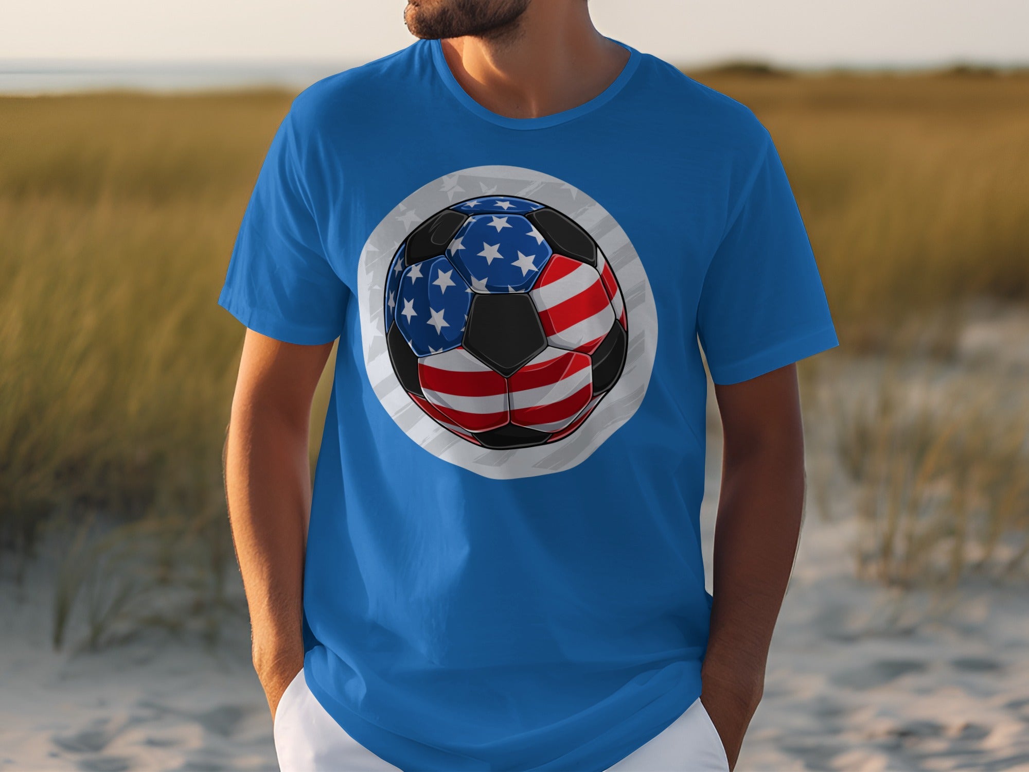 Blue t-shirt with American flag soccer ball graphic on chest.