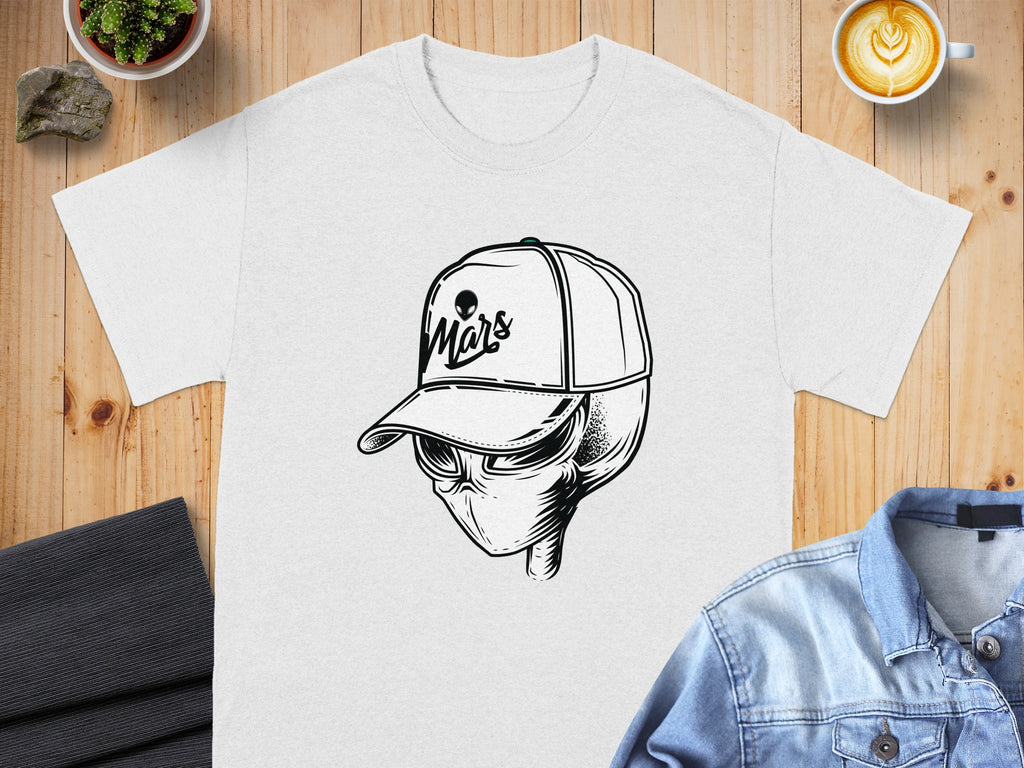 White t-shirt with a black illustration of an alien head wearing a baseball cap that says "Mars".