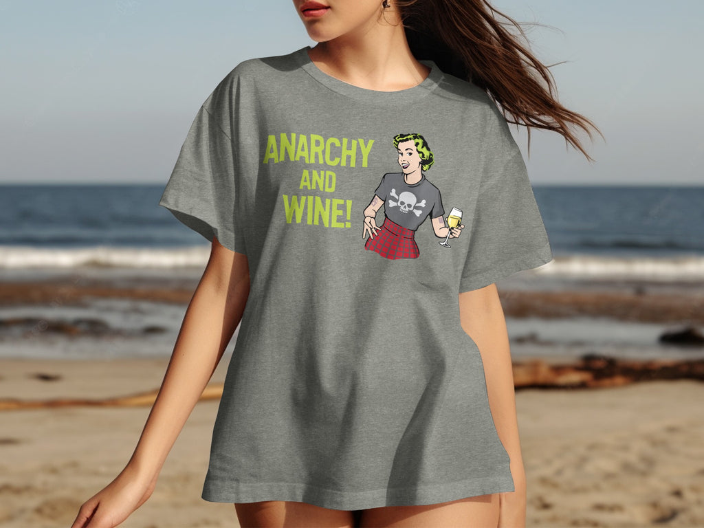 Gray t-shirt with "ANARCHY AND WINE!" text and skull graphic.