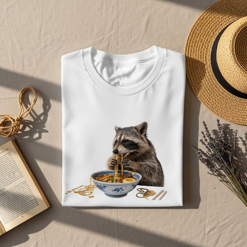 White t-shirt with a graphic of a raccoon eating ramen from a blue and white bowl.