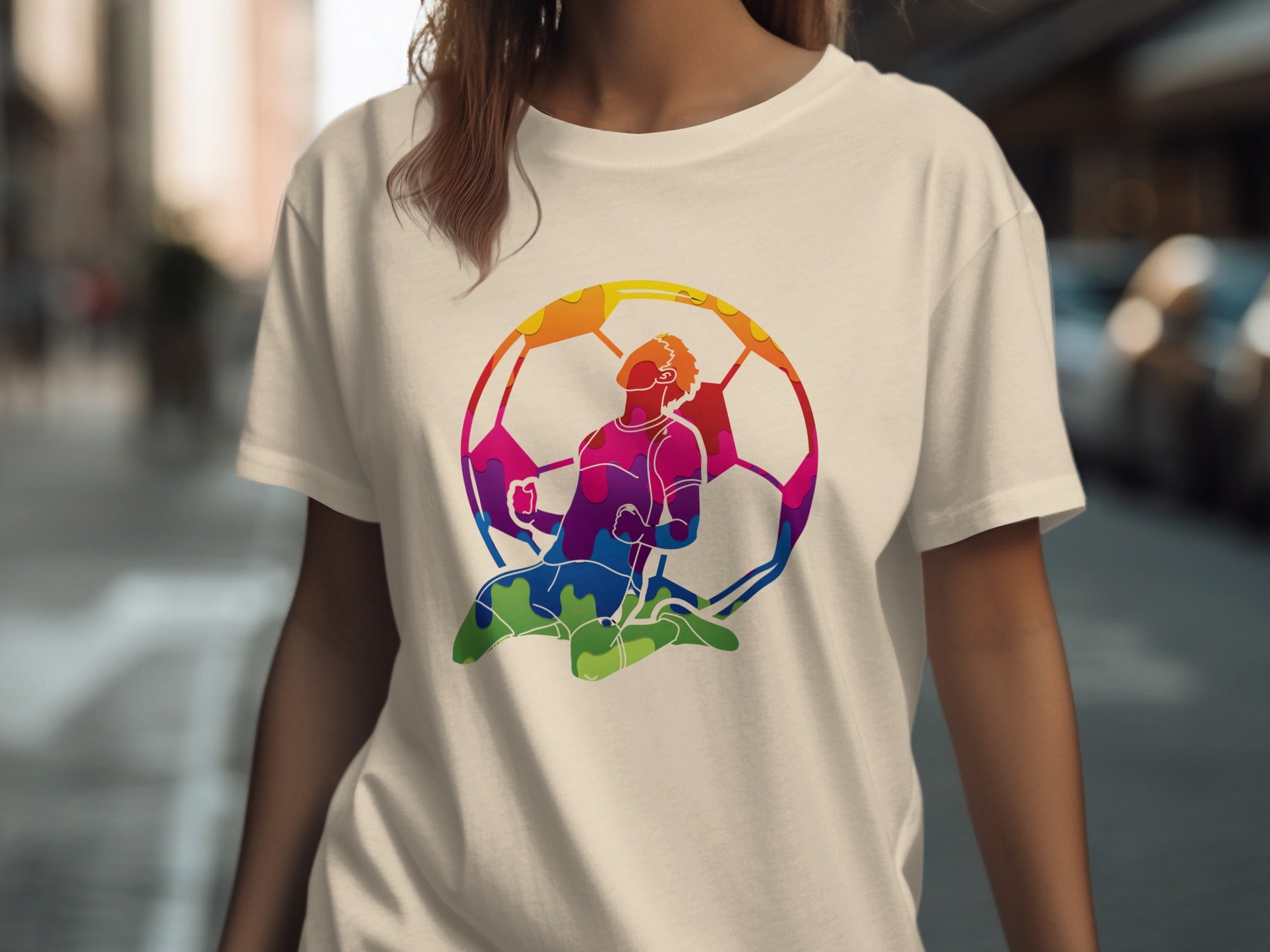 T-shirt with colorful soccer player graphic kneeling within a soccer ball outline.