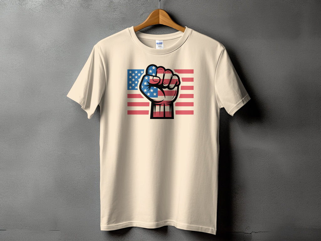 Cream t-shirt with American flag fist graphic on the front.