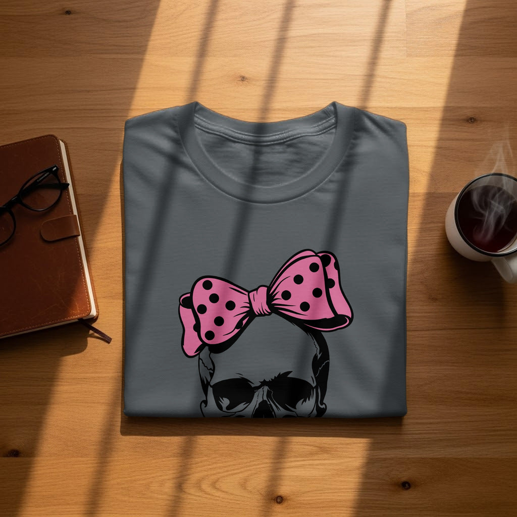 Dark gray t-shirt with skull graphic and pink polka dot bow.