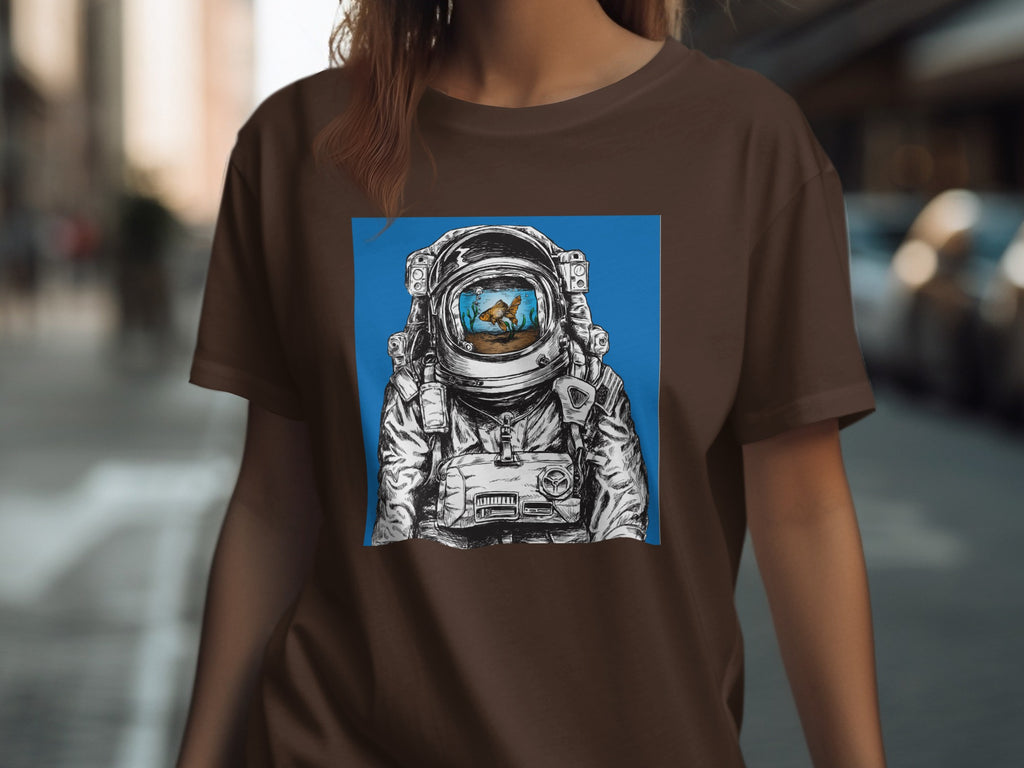 Brown t-shirt with graphic of astronaut holding a goldfish aquarium in helmet