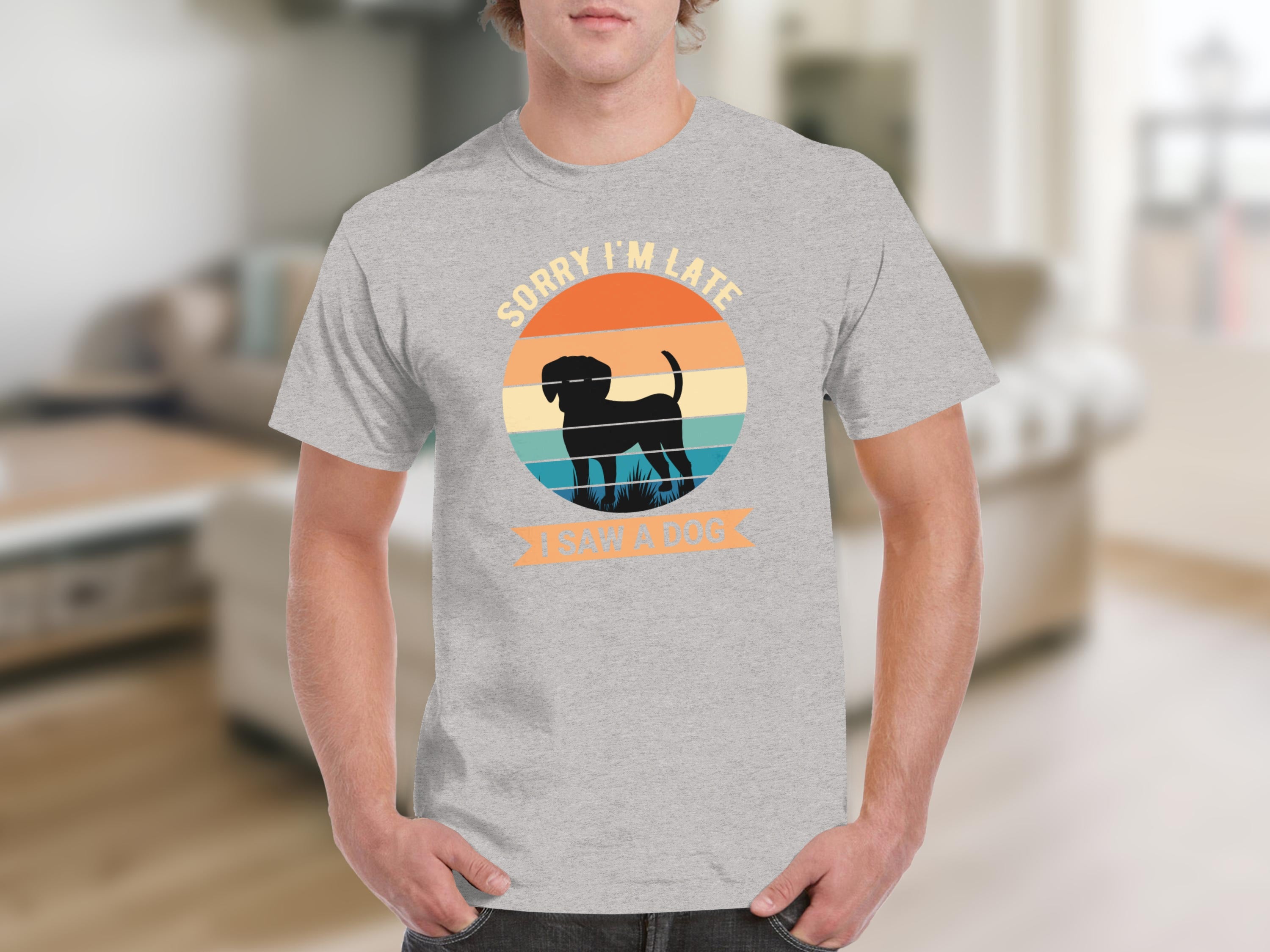 Grey t-shirt with a vintage sunset graphic and "Sorry I'm Late, I Saw A Dog" text.