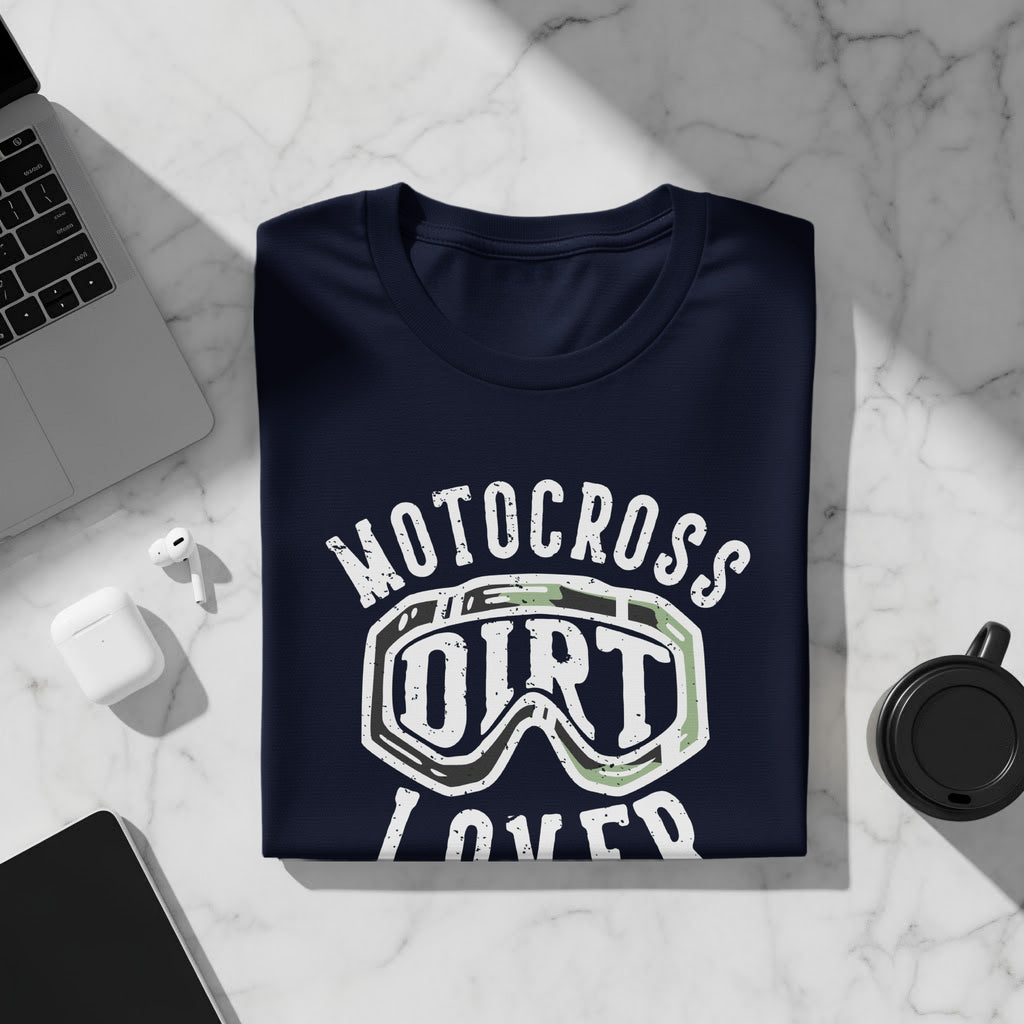 Navy t-shirt with "Motocross Dirt Lover" graphic and goggles.