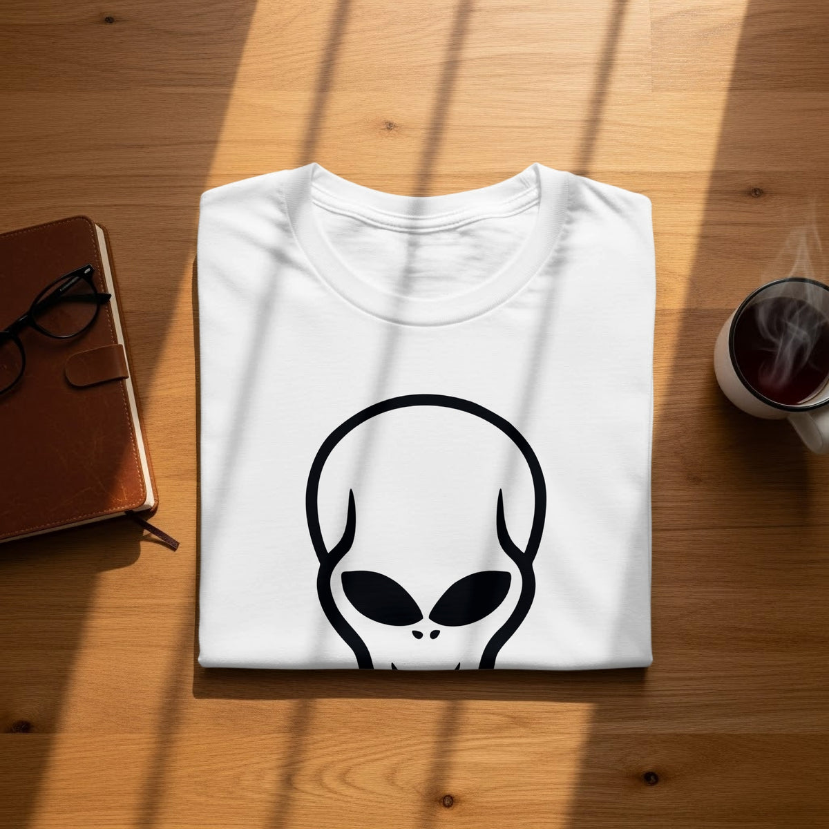 White t-shirt with a black alien head graphic and a steaming mug of coffee.