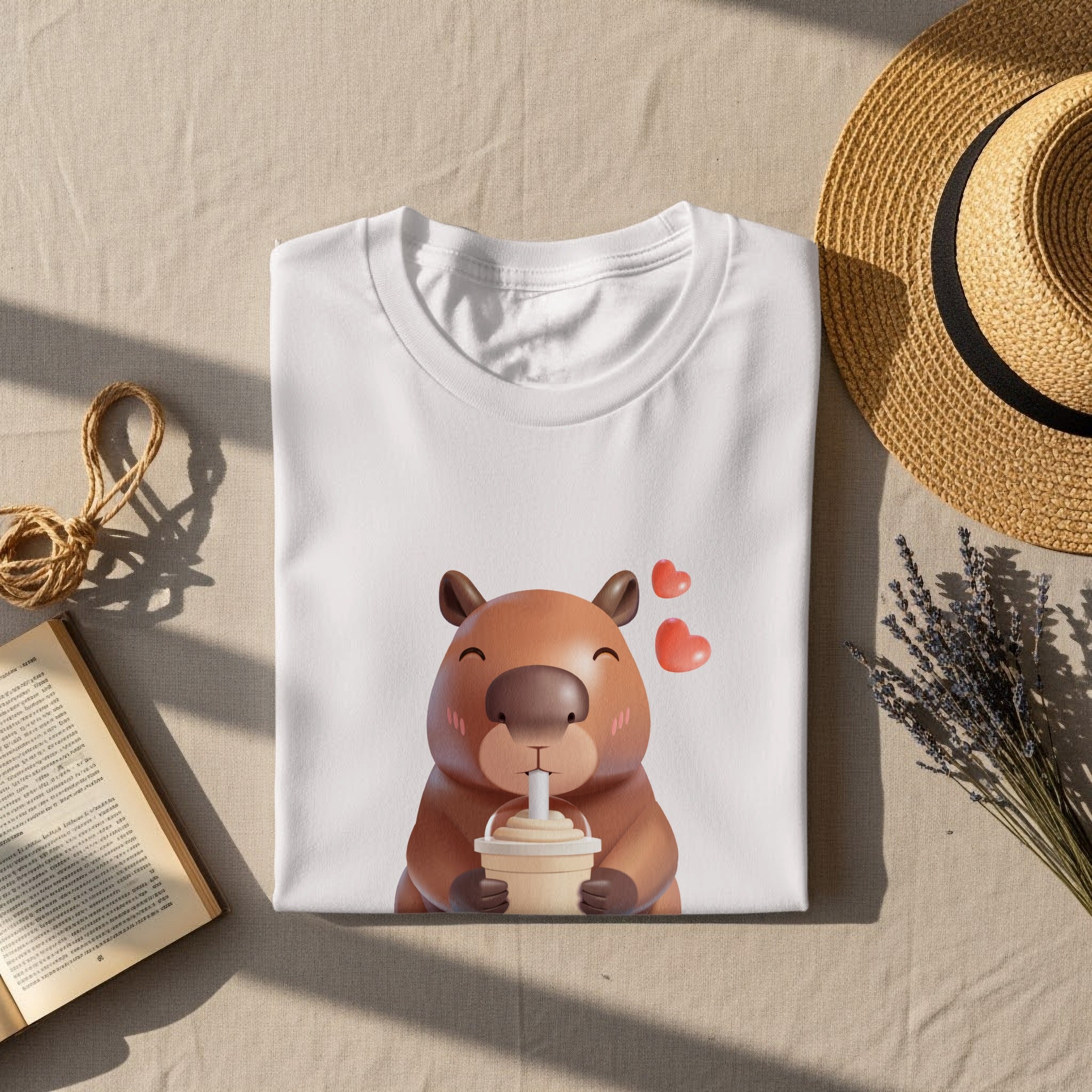 White t-shirt with cartoon capybara drinking a beverage and pink hearts.