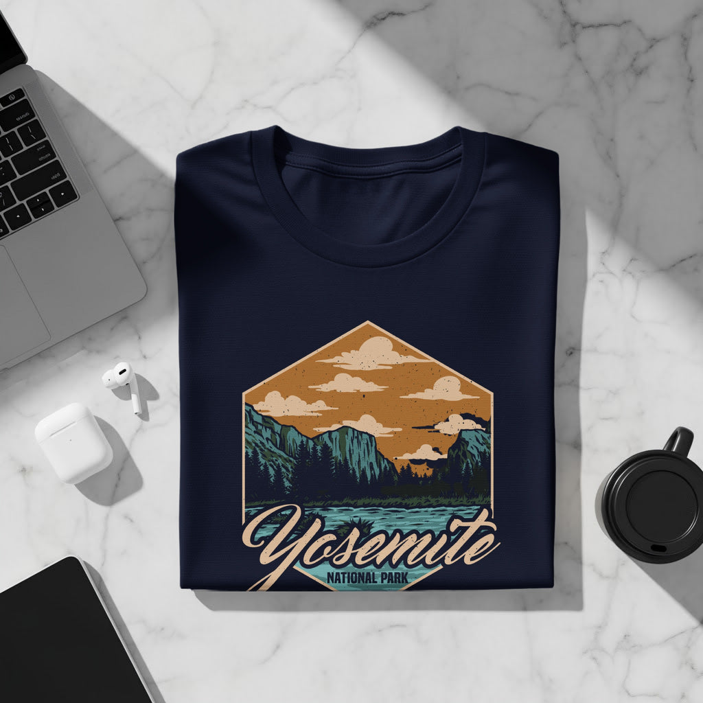 Navy t-shirt with a hexagonal Yosemite National Park graphic and text.
