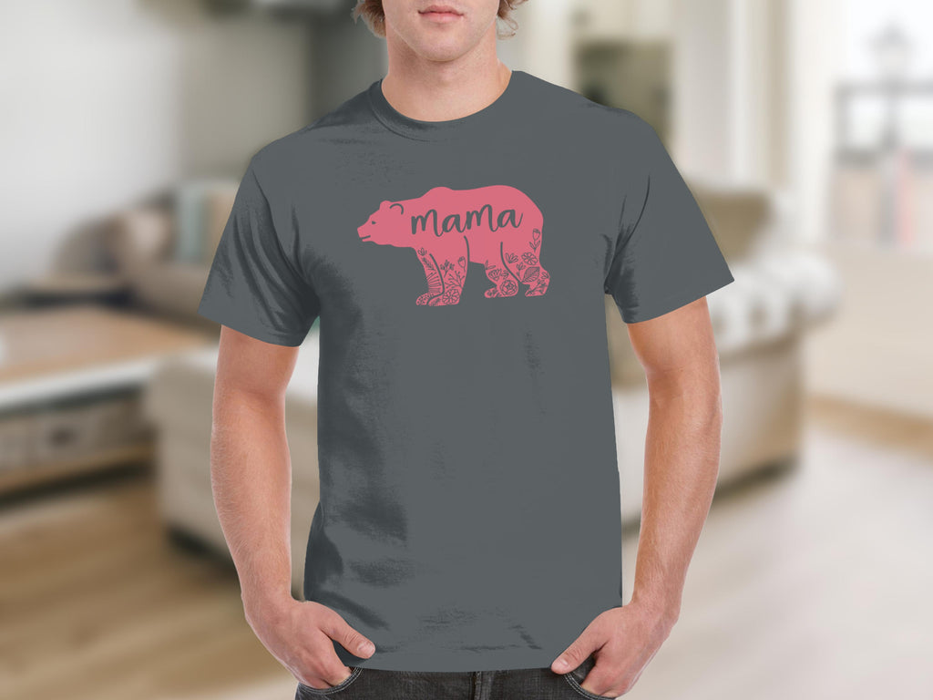 Dark gray t-shirt with a pink bear graphic that says "mama."