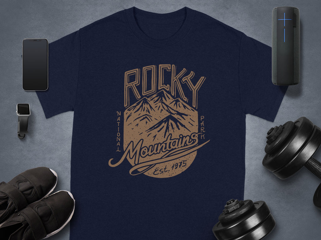 Navy t-shirt with "Rocky Mountains National Park Est. 1975" mountain graphic.