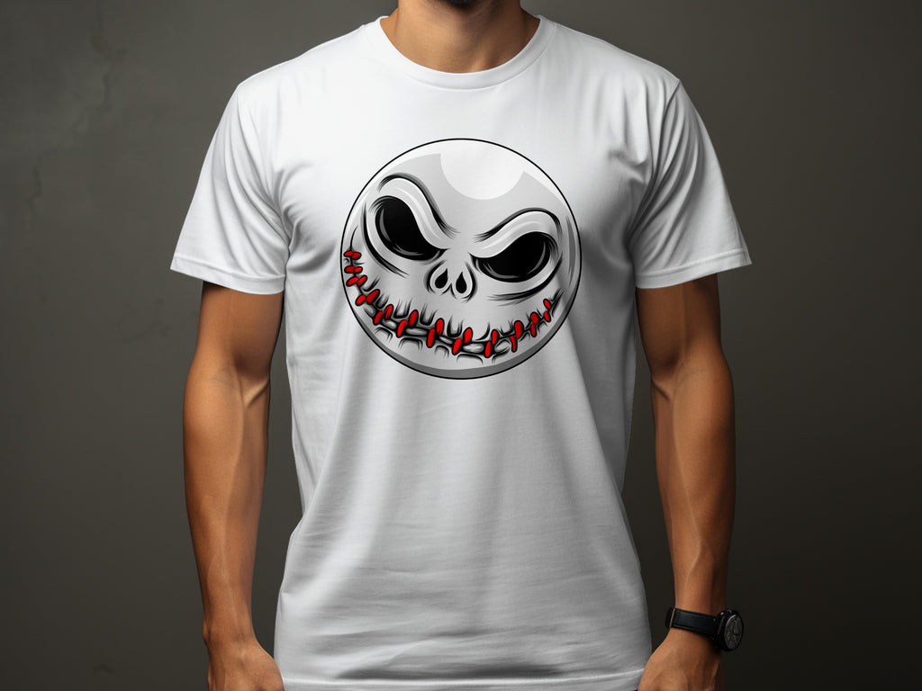 White t-shirt with a circular, stitched-mouth, scary face graphic.