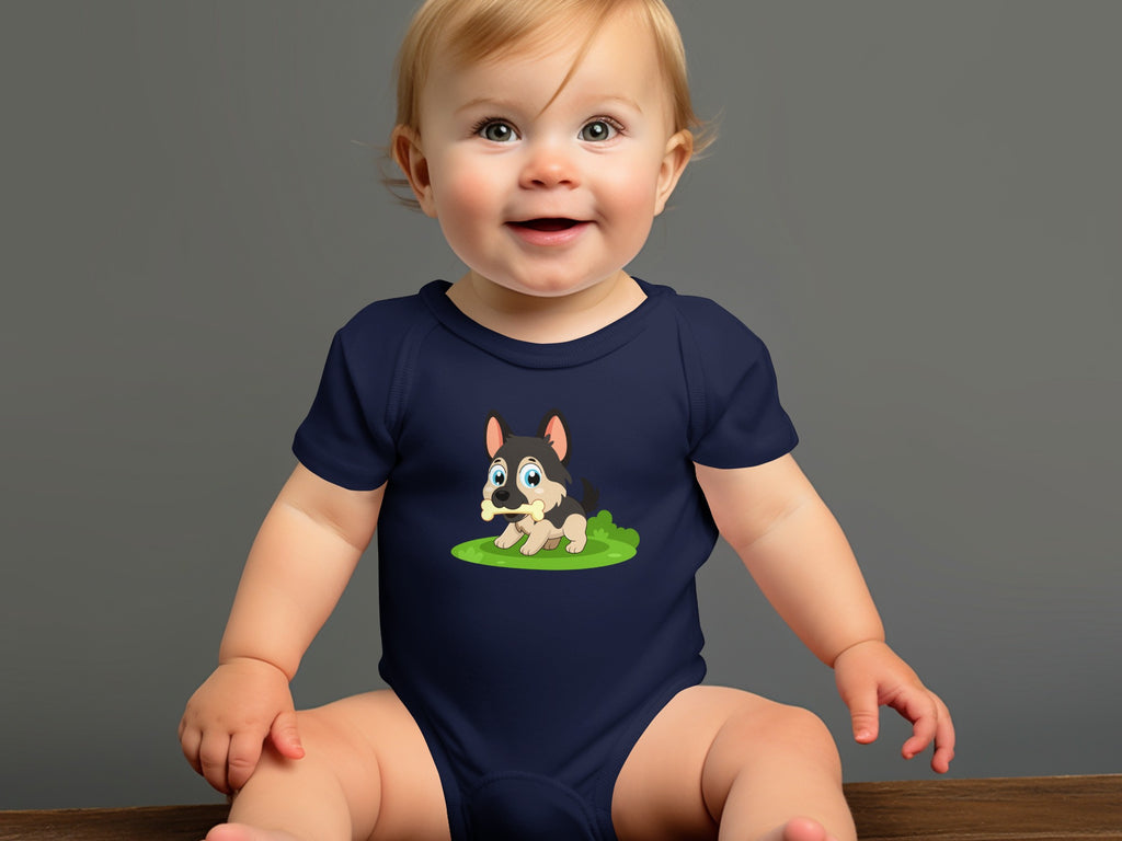 Navy baby bodysuit with cartoon German Shepherd puppy graphic on chest.