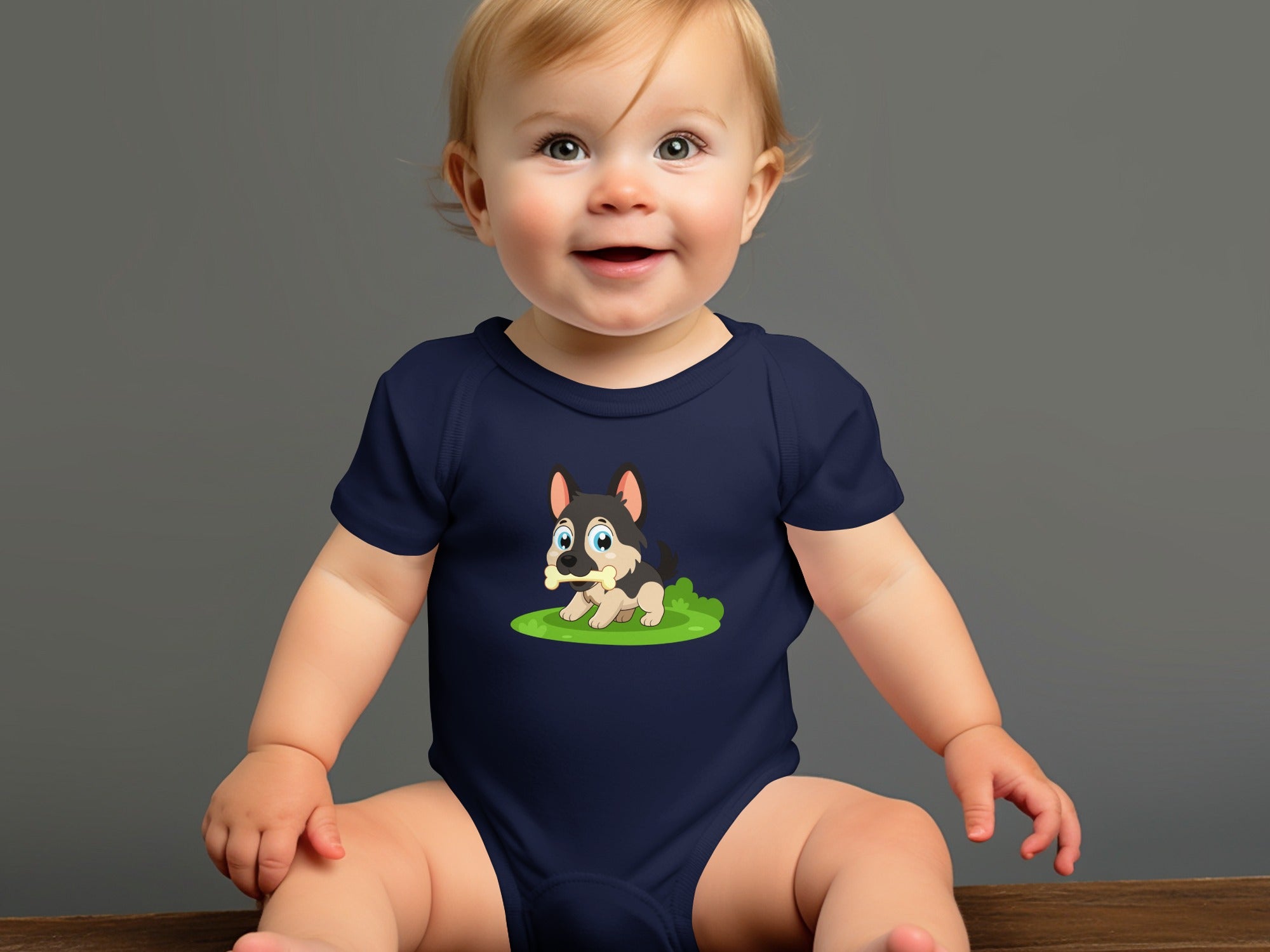 Navy baby bodysuit with cartoon German Shepherd puppy graphic on chest.