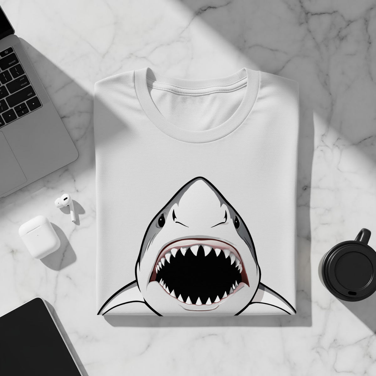 White t-shirt with a graphic of a shark's open mouth and teeth.