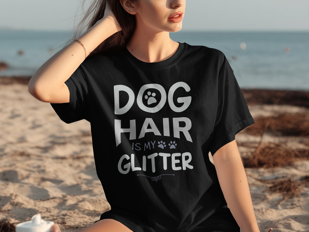 Black t-shirt with "DOG HAIR IS MY GLITTER" text and paw prints.