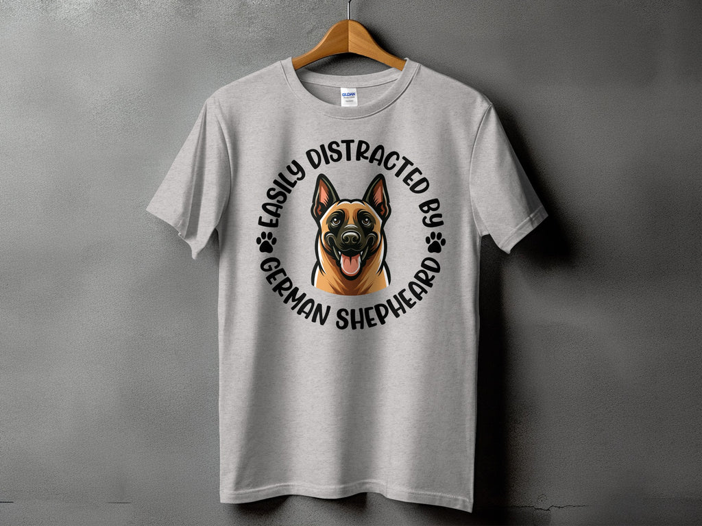 Light grey t-shirt with a German Shepherd and text that says "Easily Distracted By German Shepherd".
