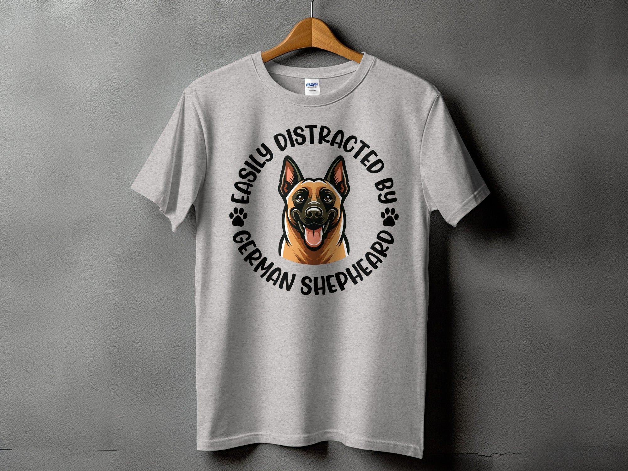 Light grey t-shirt with a German Shepherd and text that says "Easily Distracted By German Shepherd".