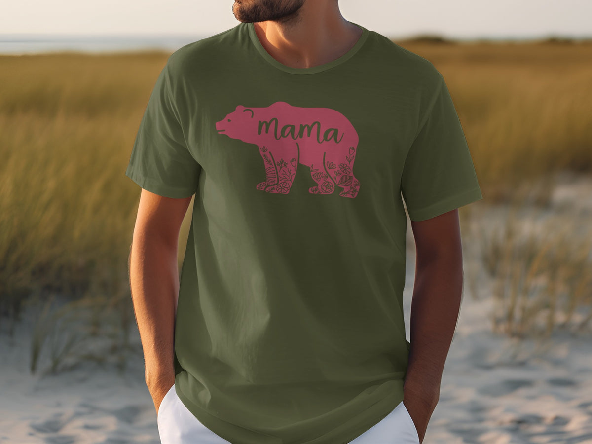 Olive green t-shirt with a pink bear design and the word "Mama".