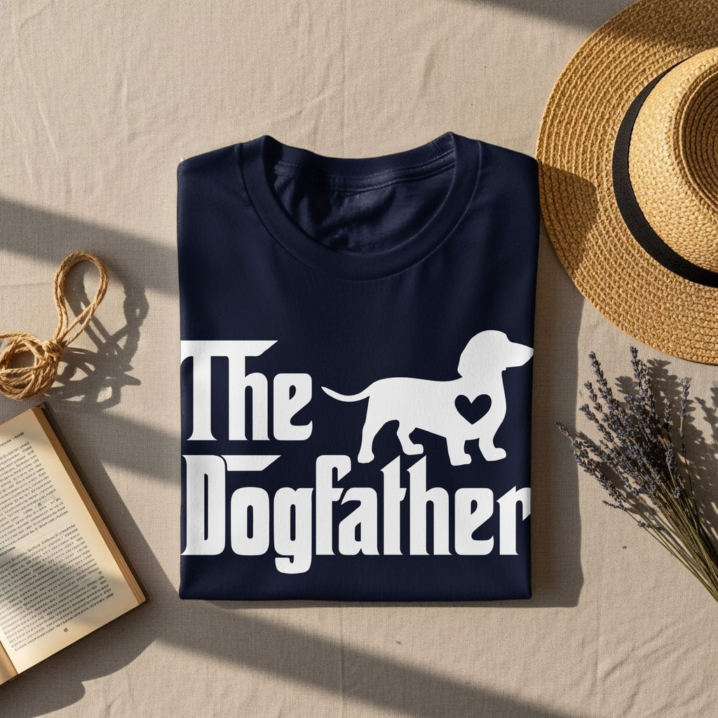 Navy t-shirt with white text "The Dogfather" and a dachshund silhouette with heart.