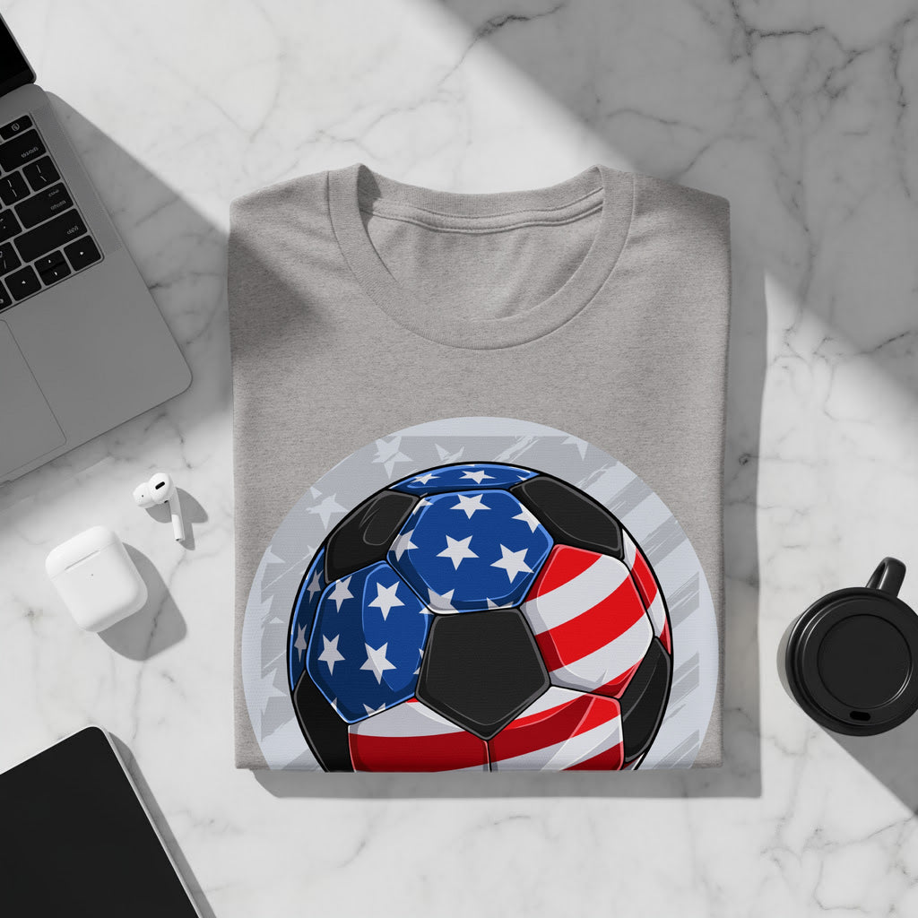 Grey t-shirt with a soccer ball graphic featuring the American flag design.