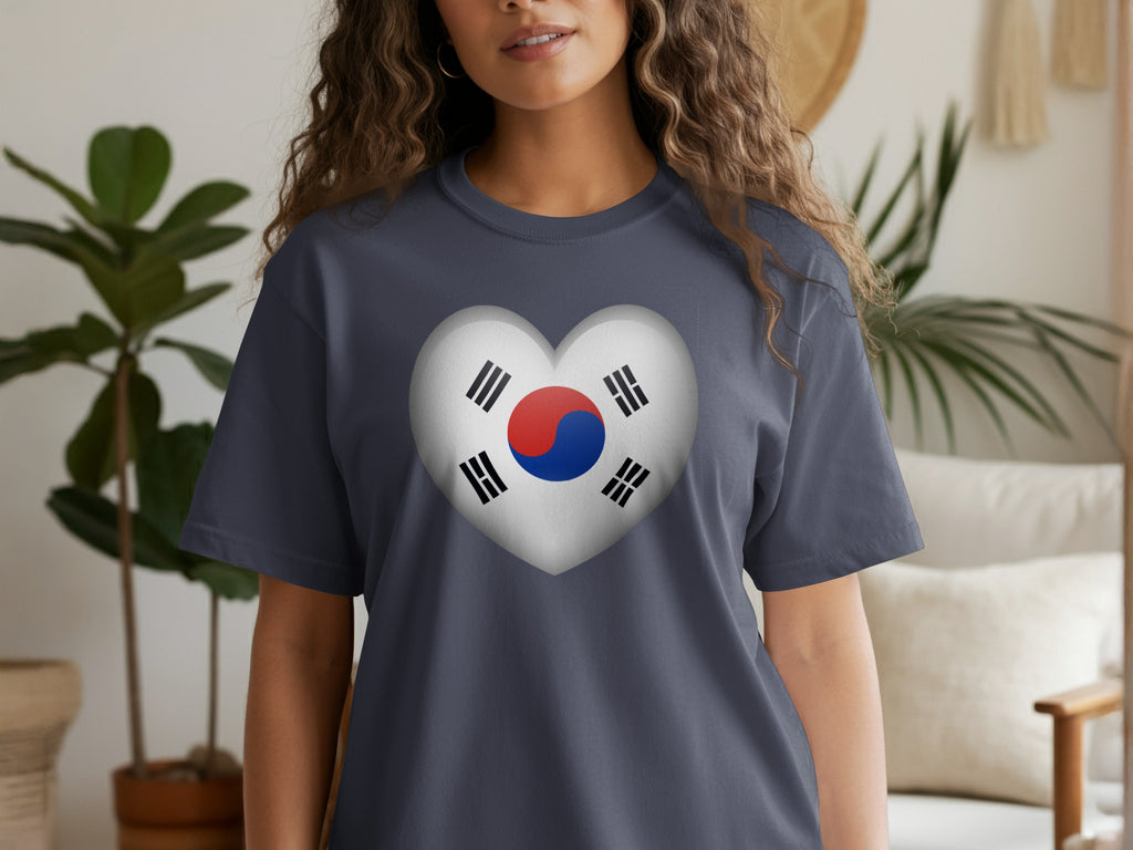 Dark grey t-shirt with a heart featuring the South Korean flag.