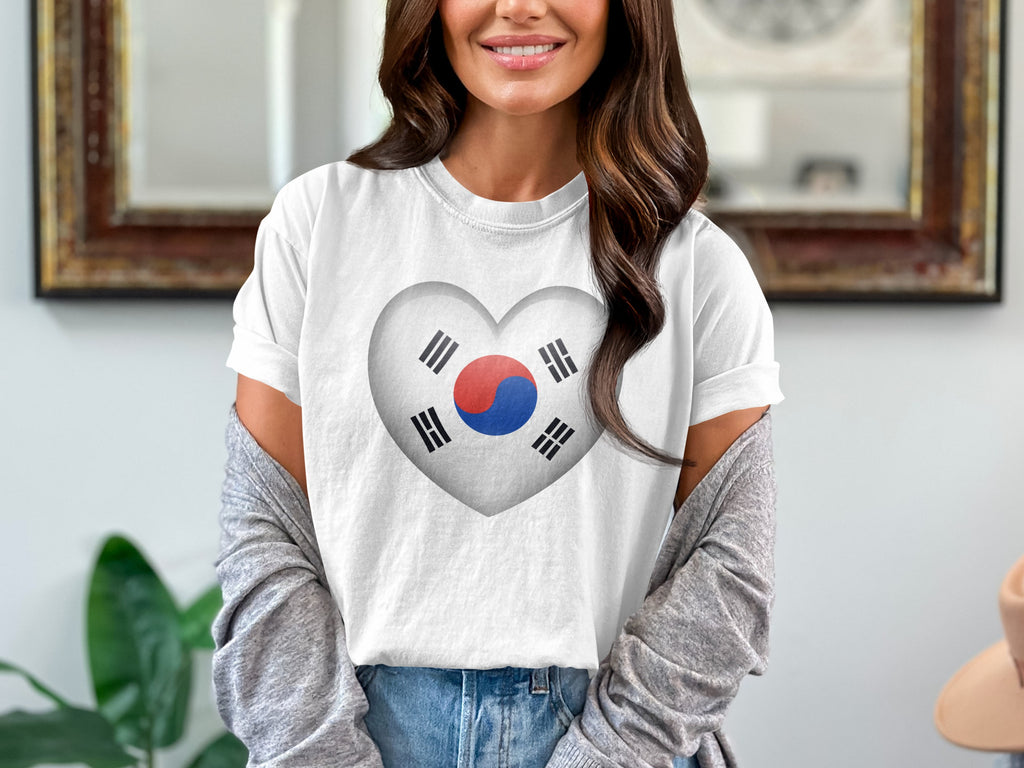 White t-shirt with a South Korean flag heart graphic and gray cardigan.