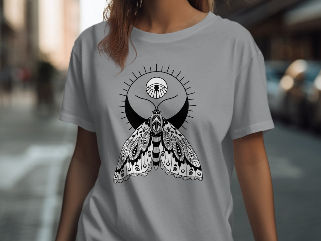 Gray t-shirt with a black and white moth and eye design.