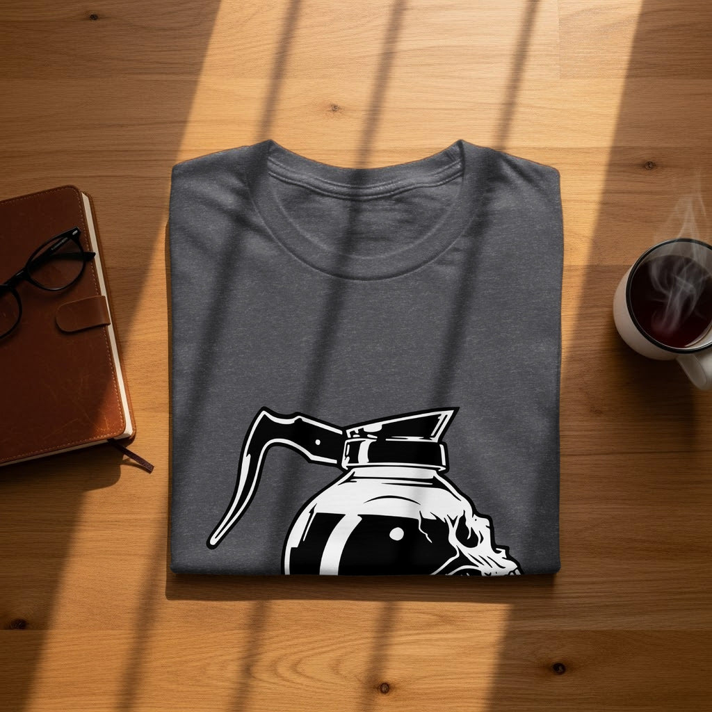 Dark grey t-shirt with a coffee pot made of a skull design.
